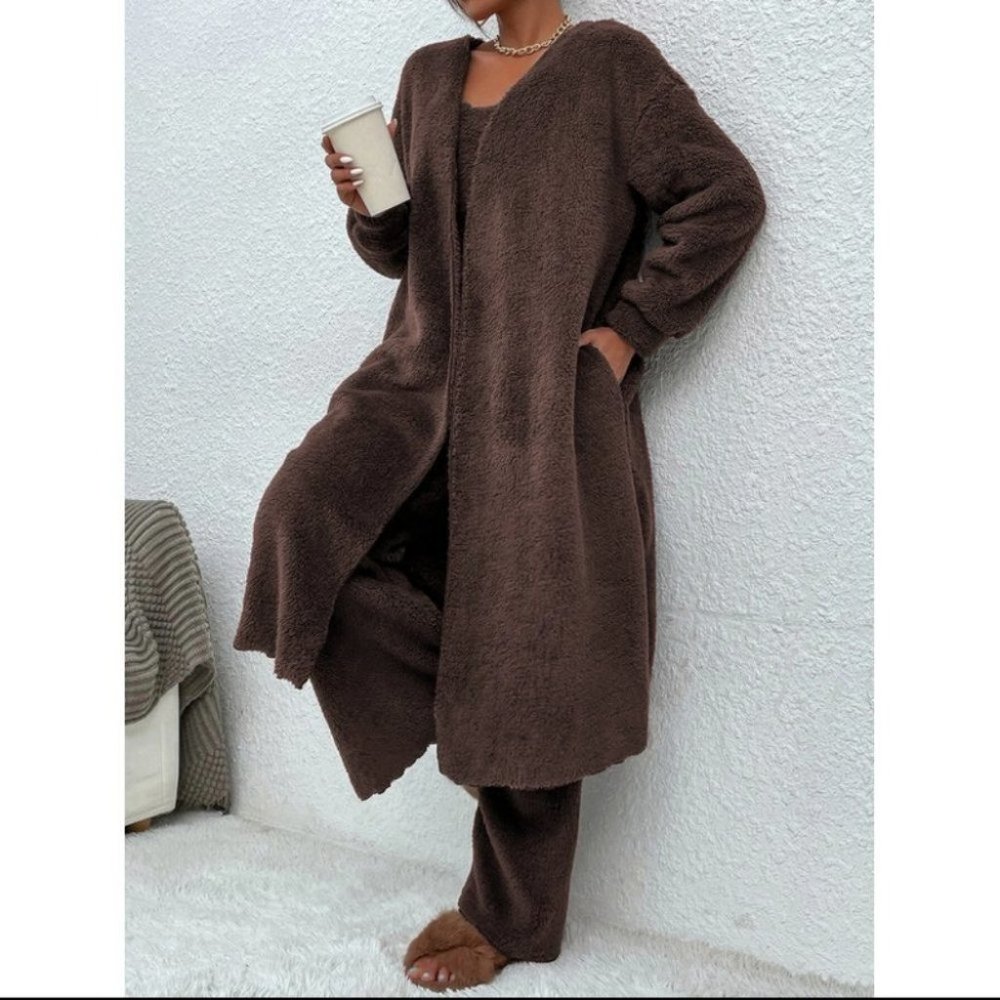 cozy brown teddy flannel cardigan & tank top & pants set fall winter warm casual - Picture 3 of 8